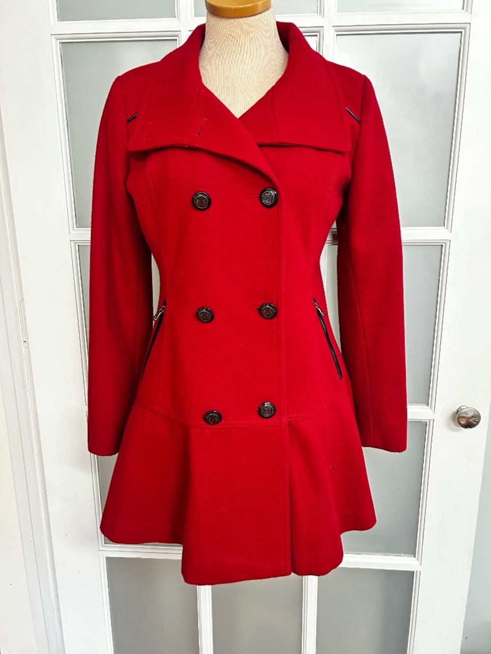 GUESS Logo Red Wool Double Breasted Skirted Peacoat Dress Coat Peplum Jacket M